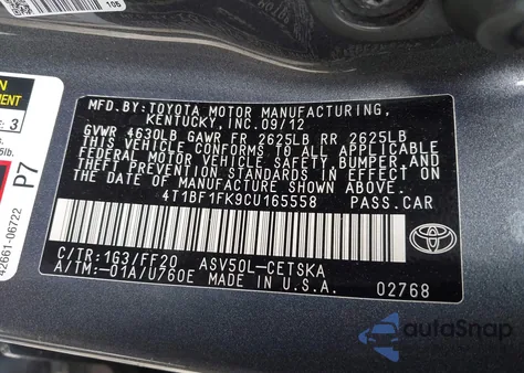 2012 Toyota Camry Se из США, поврежденный, VIN 4T1BF1FK9CU165558